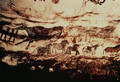 Rock painting of a leaping cow and a frieze of small horses, c.17000 BC by Prehistoric